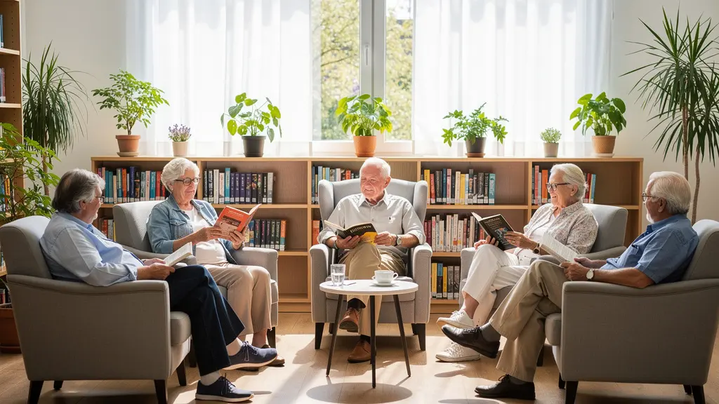 Salon bibliothèque en résidence senior avec résidents en activité