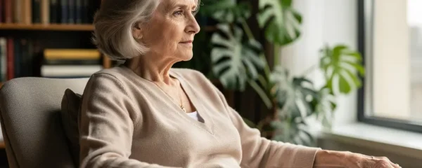 Résidente senior souriante dans un salon moderne de résidence services